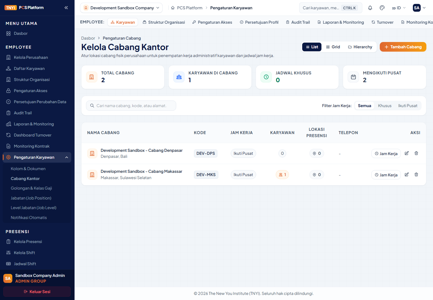 Halaman Kelola Cabang yang menampilkan daftar cabang perusahaan